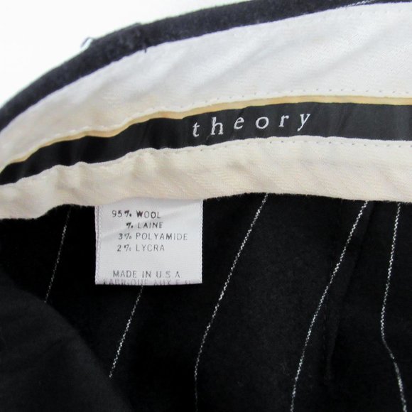 SOLD THEORY Black Pinstripe Flare Trousers Low Rise Wool Dress Pants Essential - Picture 8 of 13